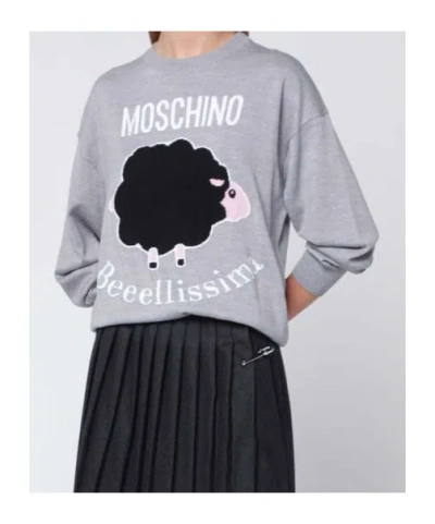 Moschino Grey Wool Sweater With Intarsia Logo In Gray