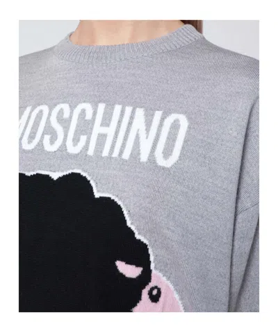 Moschino Grey Wool Sweater With Intarsia Logo In Gray