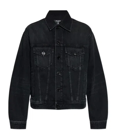Balmain Long Sleeve Silk Nylon Jacket Front Pockets In Black