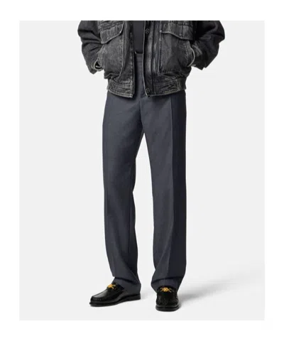 Versace Micro-checked Wool Trousers In Blue