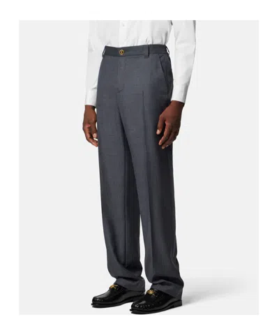 Versace Micro-checked Wool Trousers In Blue