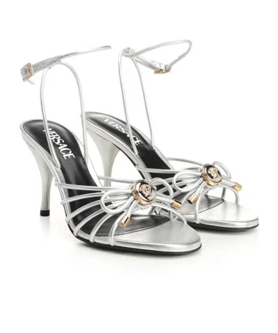 Versace Opera Bow Strappy Ankle Strap Sandal In Silver