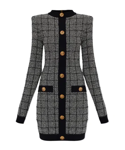 Balmain Checked-pattern Long-sleeve Dress In Blue