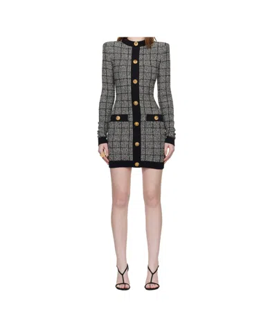 Balmain Checked-pattern Long-sleeve Dress In Blue