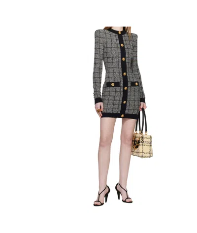 Balmain Checked-pattern Long-sleeve Dress In Blue