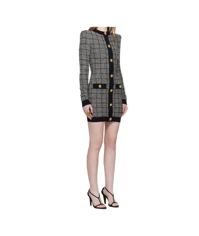 Balmain Checked-pattern Long-sleeve Dress In Blue