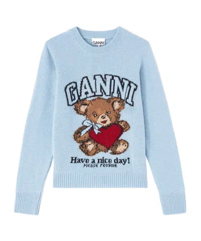 Ganni Wool Crew Neck Sweater Graphic Print In Blue