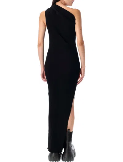 Rick Owens Athena Long Black Ribbed One Shoulder Dress In Wool