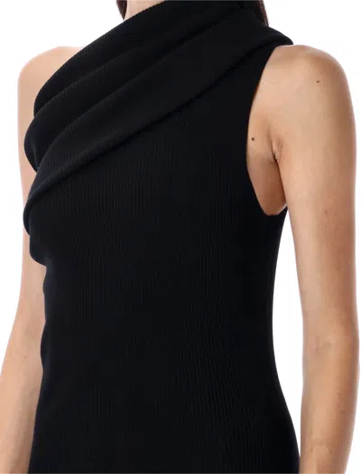 Rick Owens Athena Long Black Ribbed One Shoulder Dress In Wool