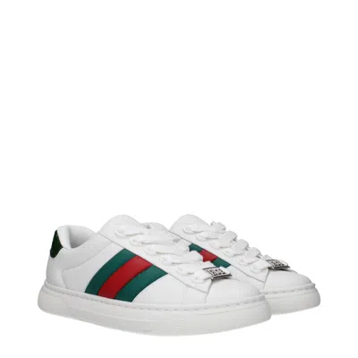 Gucci Ace Leather Sneakers With Lateral Web Band In White