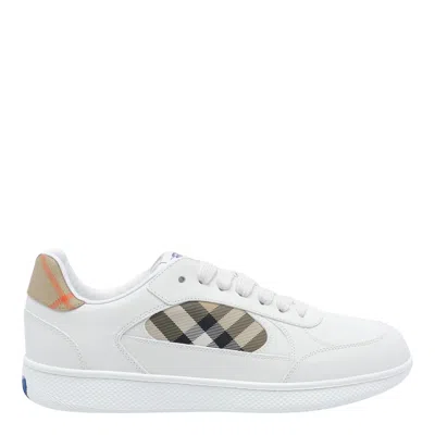 Burberry Terrace Sneakers In Leather And Beige Check Men In White
