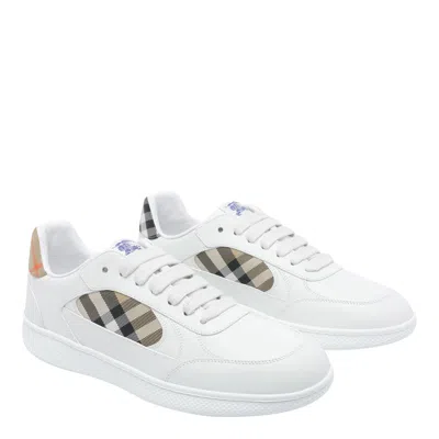 Burberry Terrace Sneakers In Leather And Beige Check Men In White