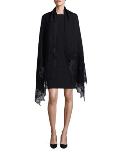 Valentino Cashmere Floral-embroidered Lace-trim Shawl In Black