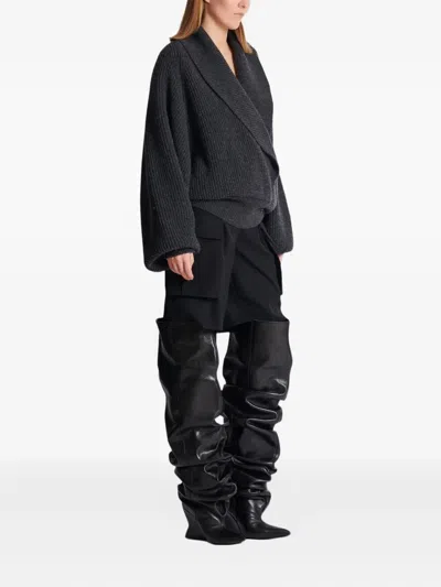 Balmain Oversized Ribbed Knit Pullover With Shawl Collar In Gray