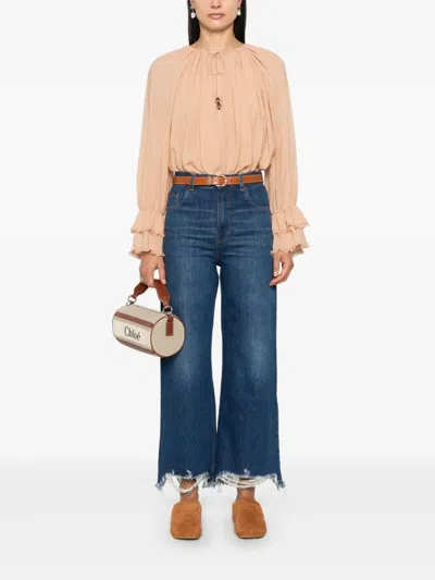 Chloé High Waist Wide-leg Cropped Jeans With Raw Hem In Night Blue