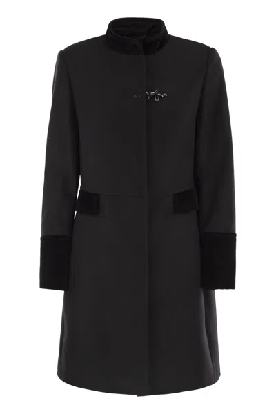 Fay Structured Black Coat With Velvet Accents And High Collar In Black