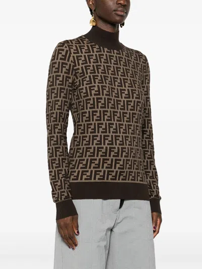 Fendi Ff Jacquard Turtleneck Sweater In Brown