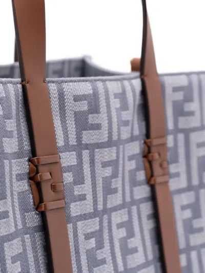Fendi Summer Tote Ff Jacquard Fabric Shoulder Bag With Fringes In Blue