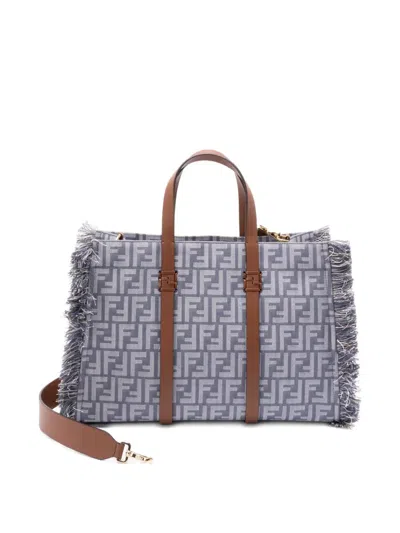 Fendi Summer Tote Ff Jacquard Fabric Shoulder Bag With Fringes In Blue