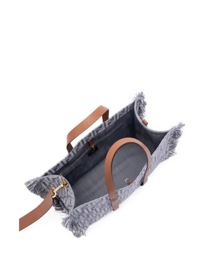 Fendi Summer Tote Ff Jacquard Fabric Shoulder Bag With Fringes In Blue