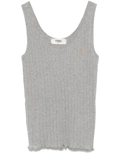 Fendi Women Ribbed Cotton Tank Top In Gray