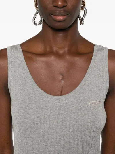 Fendi Women Ribbed Cotton Tank Top In Gray