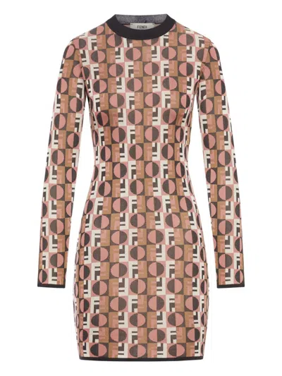 Fendi Optical Crew Neck Geometric Pattern Dress In Brown