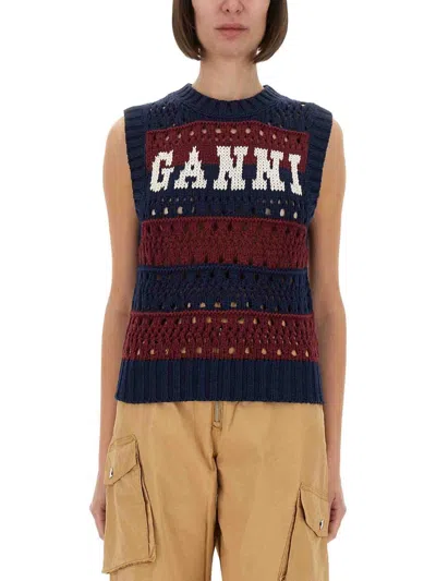 Ganni Striped Vest With Logo In Multi