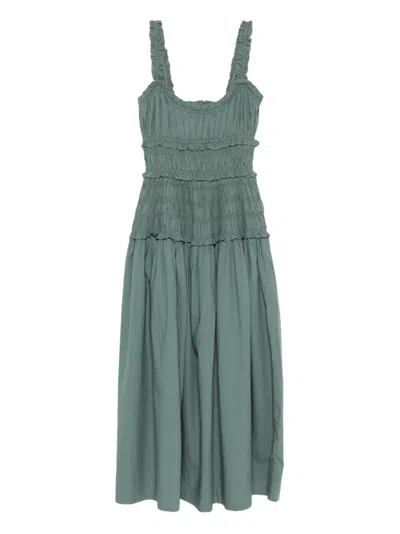 Doen Marianne Shirred Organic Cotton-poplin Midi Dress In Green