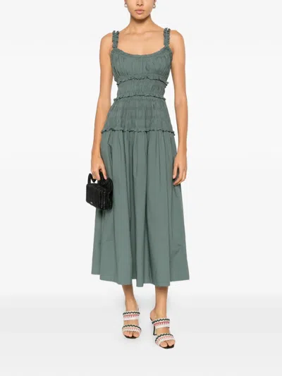 Doen Marianne Shirred Organic Cotton-poplin Midi Dress In Green