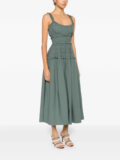 Doen Marianne Shirred Organic Cotton-poplin Midi Dress In Green