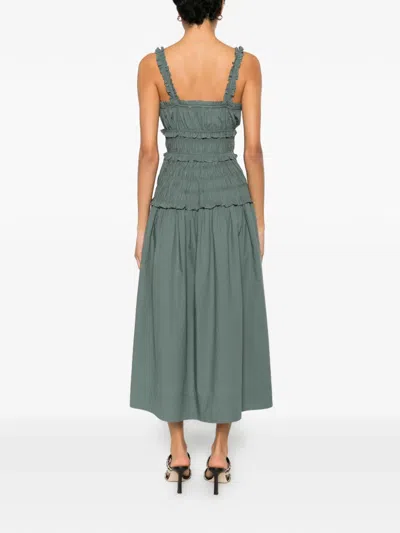 Doen Marianne Shirred Organic Cotton-poplin Midi Dress In Green