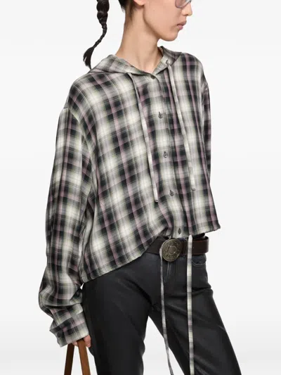 Acne Studios Hooded Nylon Silk Jacket Checked Pattern In Black