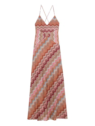 Missoni Multicolor Long Dress With Crossed Shoulder Straps And All-over Zigzag Motif In Viscose Woman In Brown