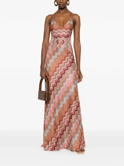 Missoni Multicolor Long Dress With Crossed Shoulder Straps And All-over Zigzag Motif In Viscose Woman In Brown