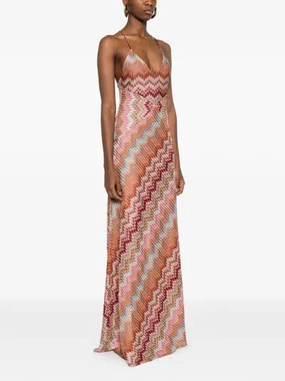 Missoni Multicolor Long Dress With Crossed Shoulder Straps And All-over Zigzag Motif In Viscose Woman In Brown