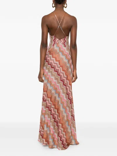 Missoni Multicolor Long Dress With Crossed Shoulder Straps And All-over Zigzag Motif In Viscose Woman In Brown