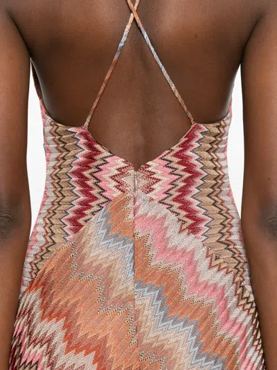 Missoni Multicolor Long Dress With Crossed Shoulder Straps And All-over Zigzag Motif In Viscose Woman In Brown