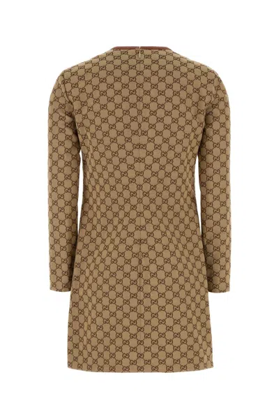 Gucci Beige Crewneck Mini Dress With Horsebit On The Front In Gg Canvas Woman In Brown
