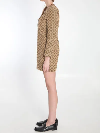 Gucci Beige Crewneck Mini Dress With Horsebit On The Front In Gg Canvas Woman In Brown