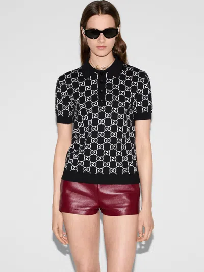 Gucci Women Black Polo Shirt With Ribbed Trims In Gg Canvas Woman
