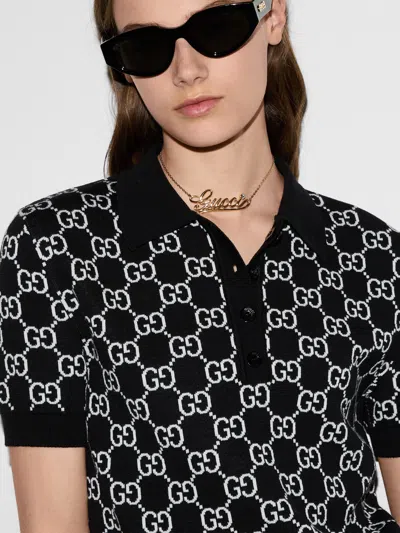 Gucci Women Black Polo Shirt With Ribbed Trims In Gg Canvas Woman