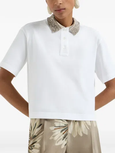 Brunello Cucinelli Women Cotton Jersey Polo Shirt With Dazzling Knit Collar In White