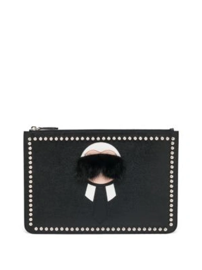 Shop Fendi Karl Fur-trimmed Textured Leather Pouch In Na