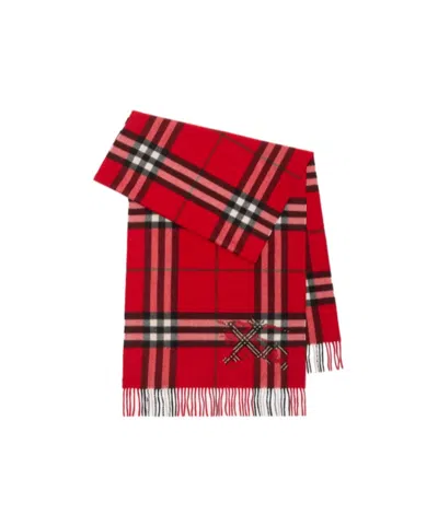 Burberry Wide Cross Stitch Ekd Check Cashmere Scarf In Red