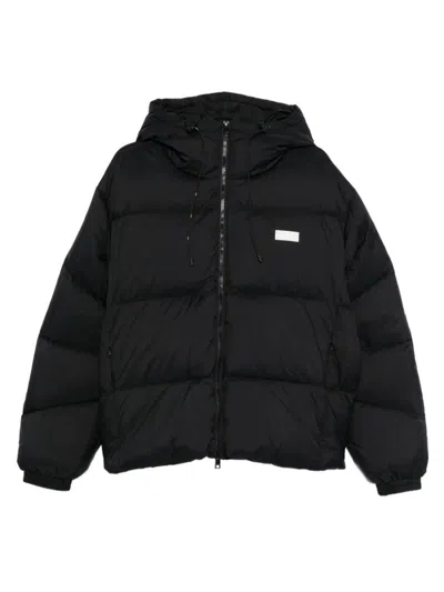 Msgm Short Black Down Jacket With White Label And Zip  In Black