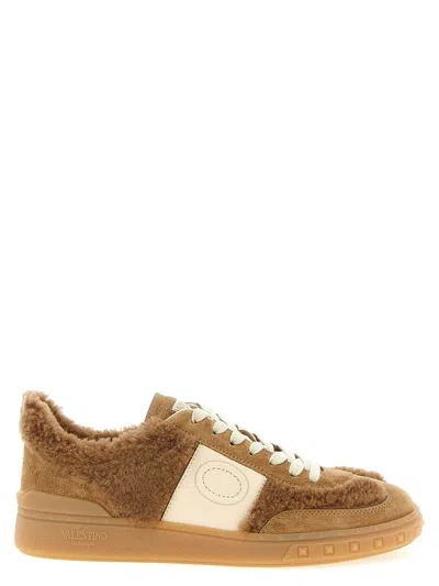 Valentino Garavani Upvillage Suede Shearling Low-top Sneakers In Brown