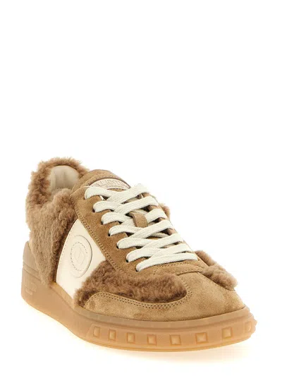 Valentino Garavani Upvillage Suede Shearling Low-top Sneakers In Brown