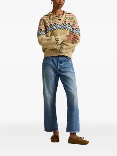 Polo Ralph Lauren Cotton Wool Blend Long Sleeve Tie Pullover Tan Multi In Neutral