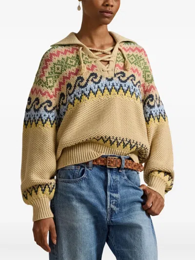 Polo Ralph Lauren Cotton Wool Blend Long Sleeve Tie Pullover Tan Multi In Neutral